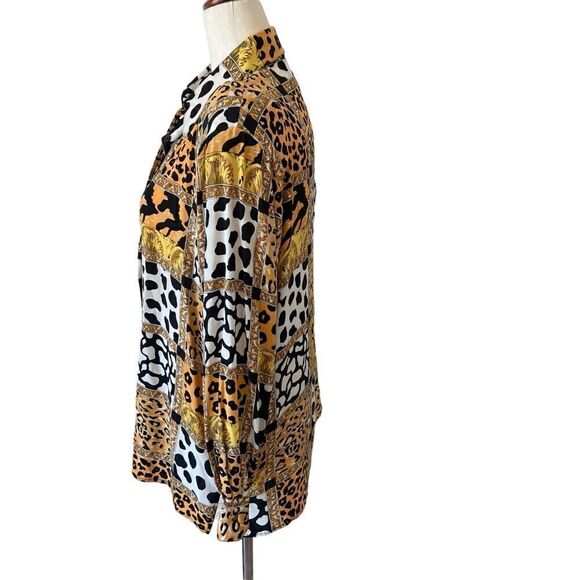 Vintage Animal Print Pattern Block Long Sleeve Silk Blouse - Picture 3 of 7